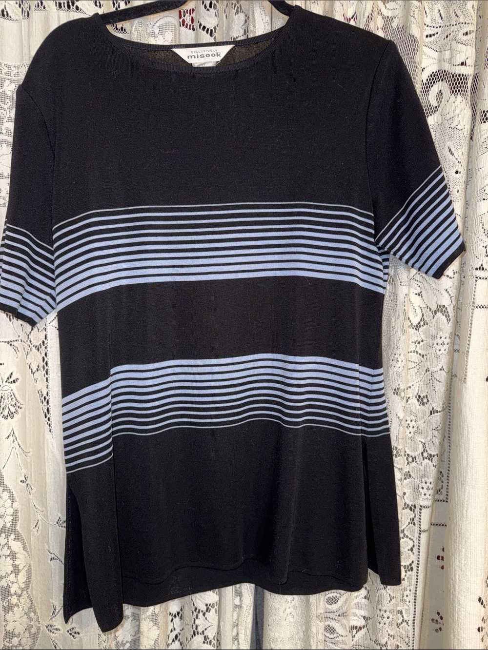Misook Black Short-Sleeve Tee with Light Blue Stripes